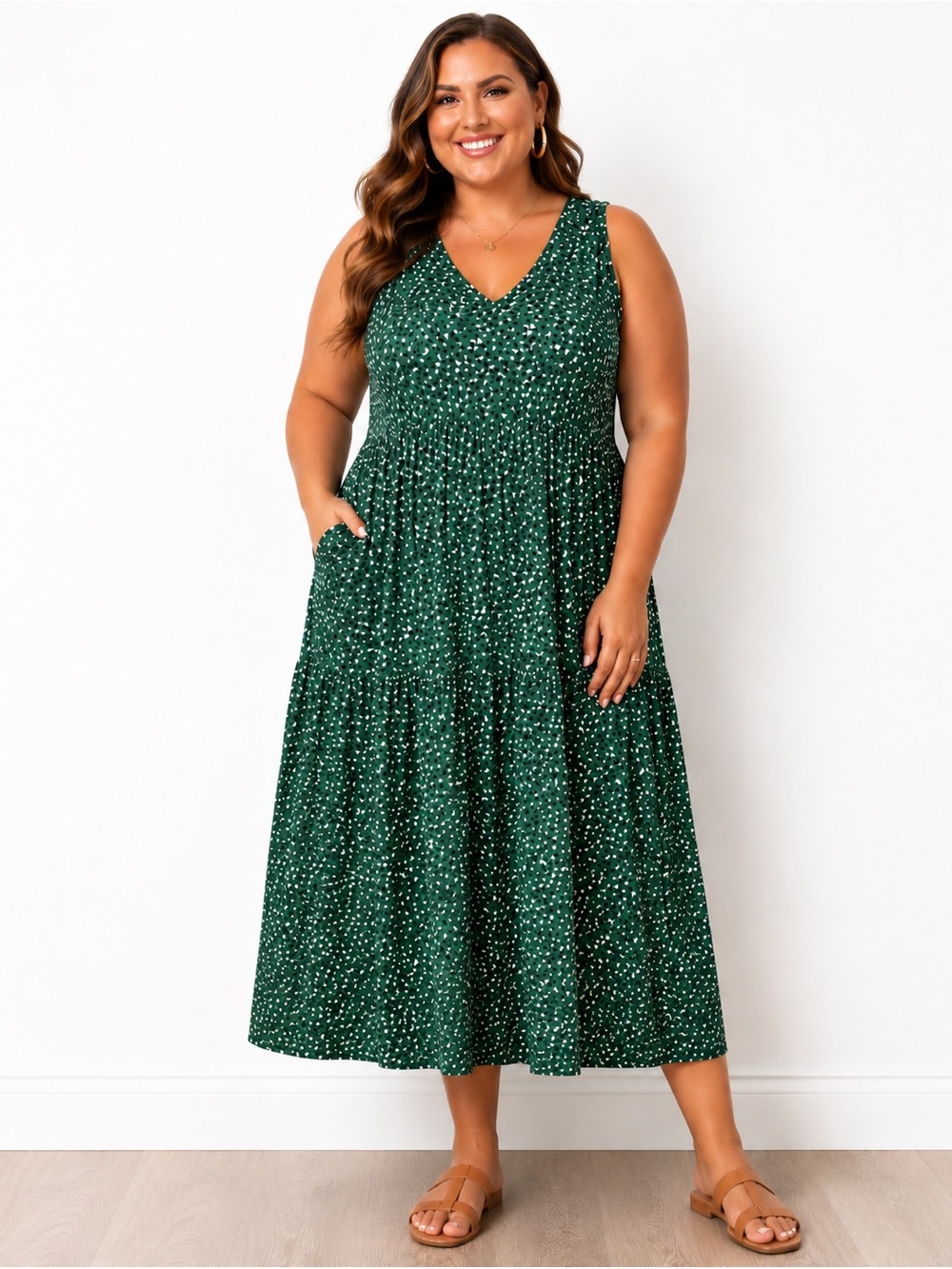 Green Printed V-Neck Sleeveless‎ Midi Dress -1X